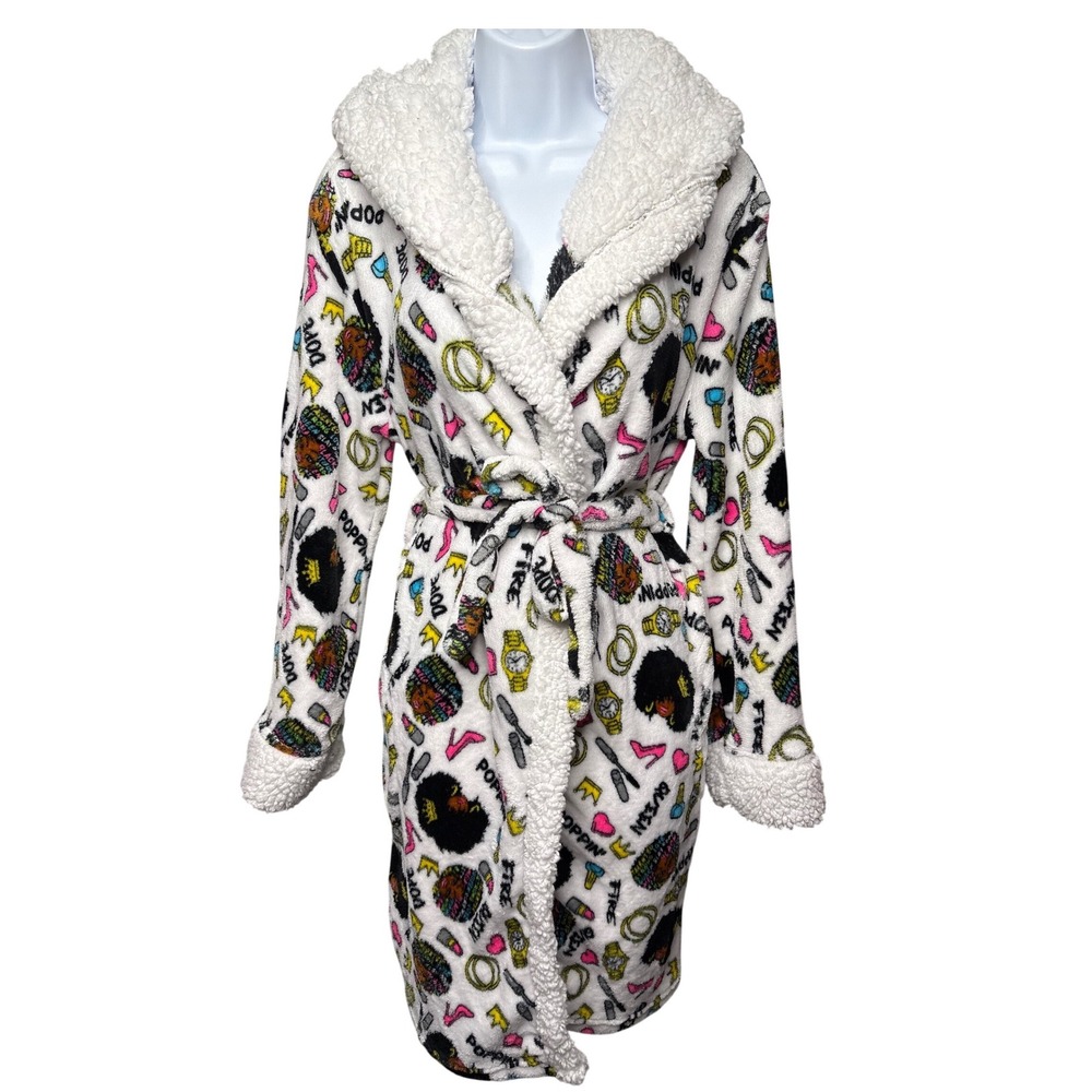 EM & ALFIE Womens White Graphic Print Hooded Robe OS Sequin Sherpa Cozycore Glam